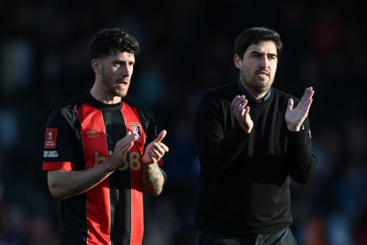 BOURNEMOUTH, ENGLAND - MARCH 30: Marcos Senesi of AFC Bournemouth (L) acknowledges the fans with Andoni Iraola, Manager of AFC Bournemouth (R), after the Emirates FA Cup Quarter Final match between AFC Bournemouth and Manchester City at Vitality Stadium on March 30, 2025 in Bournemouth, England. (Photo by Mike Hewitt/Getty Images)