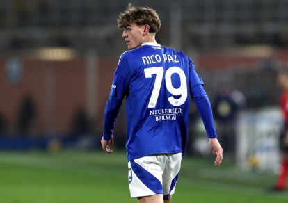 COMO, ITALY - FEBRUARY 07: Nico Paz of Como 1907 looks o during the Serie A match between Como 1907 and Juventus at Stadio G. Sinigaglia on February 07, 2025 in Como, Italy. (Photo by Marco Luzzani/Getty Images) (Tottenham links)