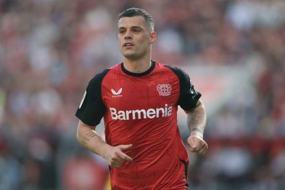 LEVERKUSEN, GERMANY - APRIL 12: Granit Xhaka of Bayer 04 Leverkusen is seen during the Bundesliga match between Bayer 04 Leverkusen and 1. FC Union Berlin at BayArena on April 12, 2025 in Leverkusen, Germany. (Photo by Lars Baron/Getty Images) (Milan and Juventus links)