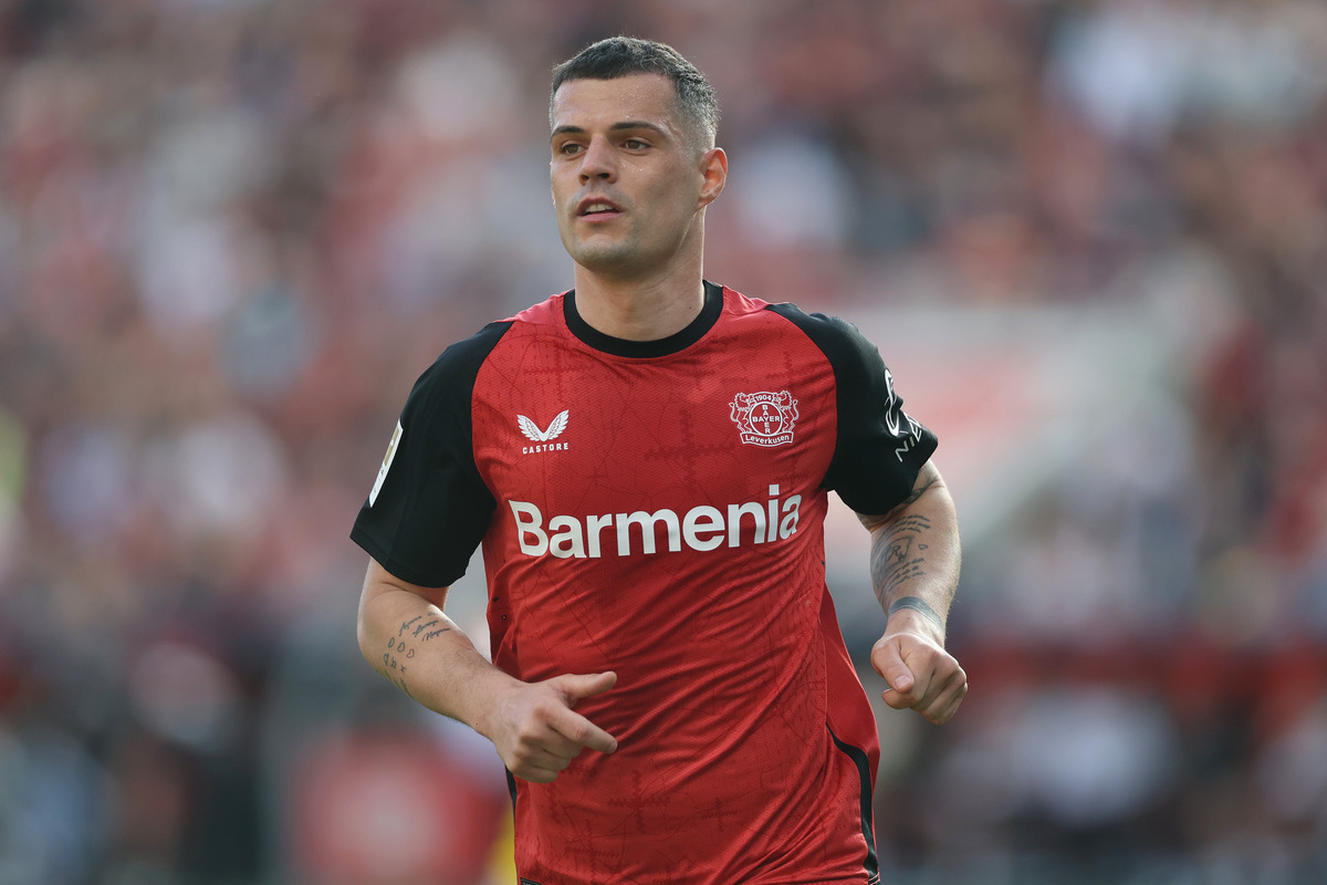 LEVERKUSEN, GERMANY - APRIL 12: Granit Xhaka of Bayer 04 Leverkusen is seen during the Bundesliga match between Bayer 04 Leverkusen and 1. FC Union Berlin at BayArena on April 12, 2025 in Leverkusen, Germany. (Photo by Lars Baron/Getty Images) (Milan links)