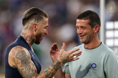 PASADENA, CALIFORNIA - JUNE 17: (L-R) Sergio Ramos #93 of CF Monterrey embraces Cristian Chivu, Head Coach of FC Internazionale Milano, following the FIFA Club World Cup 2025 group E match between CF Monterrey and FC Internazionale Milano at Rose Bowl Stadium on June 17, 2025 in Pasadena, California. (Photo by Stu Forster/Getty Images)