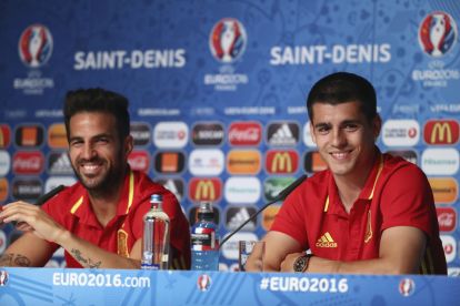 PARIS, FRANCE - JUNE 26: In this handout image provided by UEFA Alvaro Morata and Cesc Fabregas of Spain attend a press conference at Stade de France on June 26, 2016 in Paris, France. (Photo by Handout/UEFA via Getty Images)