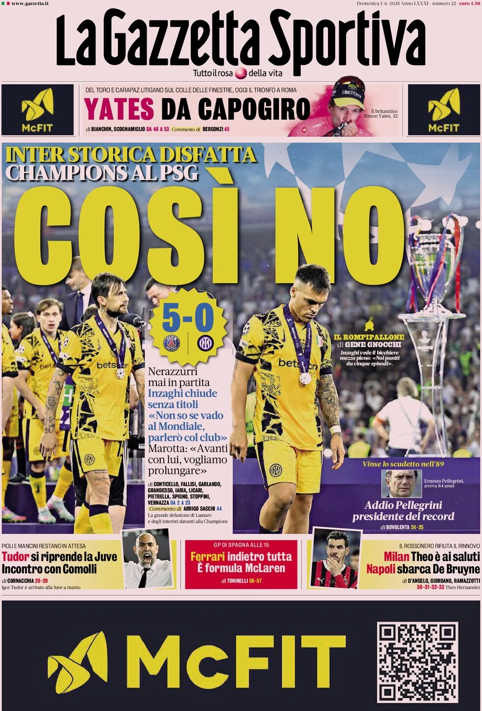Newspaper image discussing Inter`s defeat
