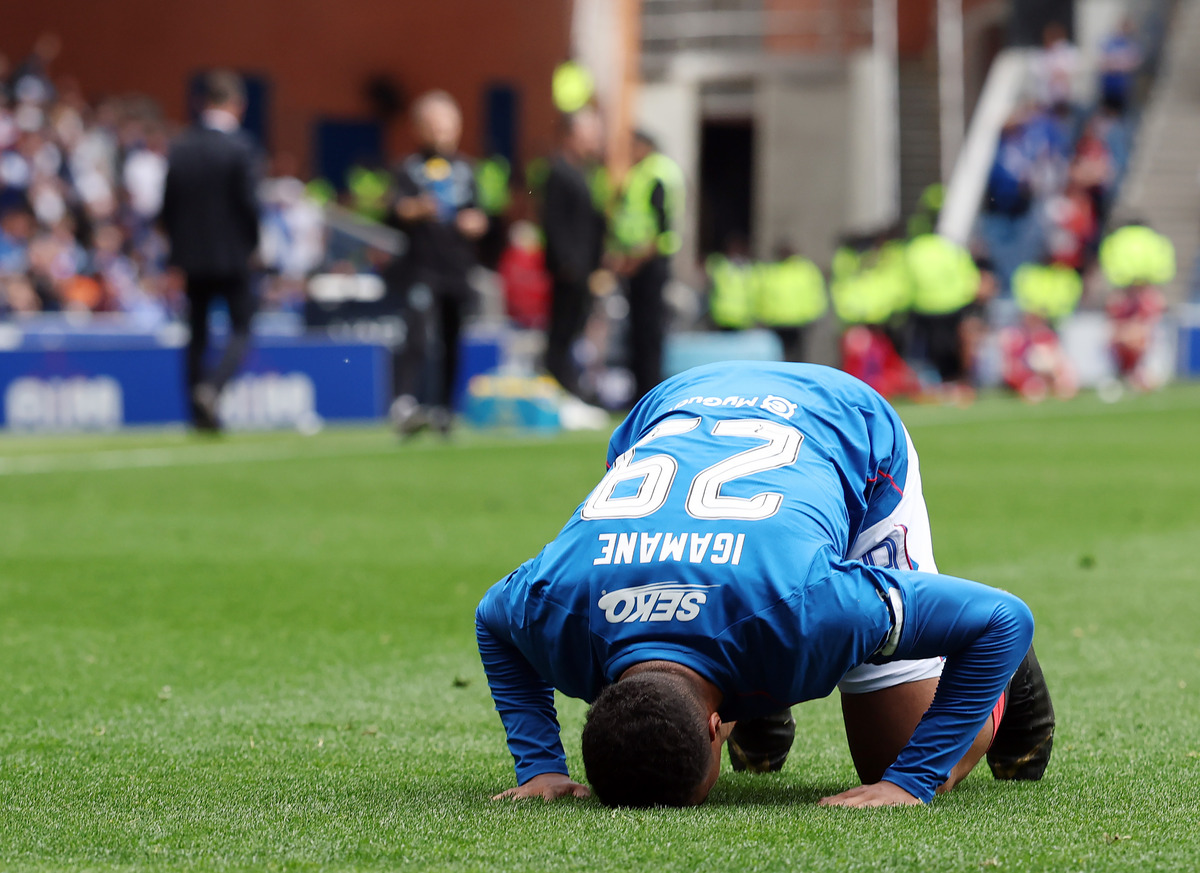 GLASGOW, SCOTLAND - MAY 11: Hamza Igamane of Rangers celebrates after scoring his team's fourth goal during the William Hill Premiership match between Rangers FC and Aberdeen FC at Ibrox Stadium on May 11, 2025 in Glasgow, Scotland. (Photo by Ian MacNicol/Getty Images)