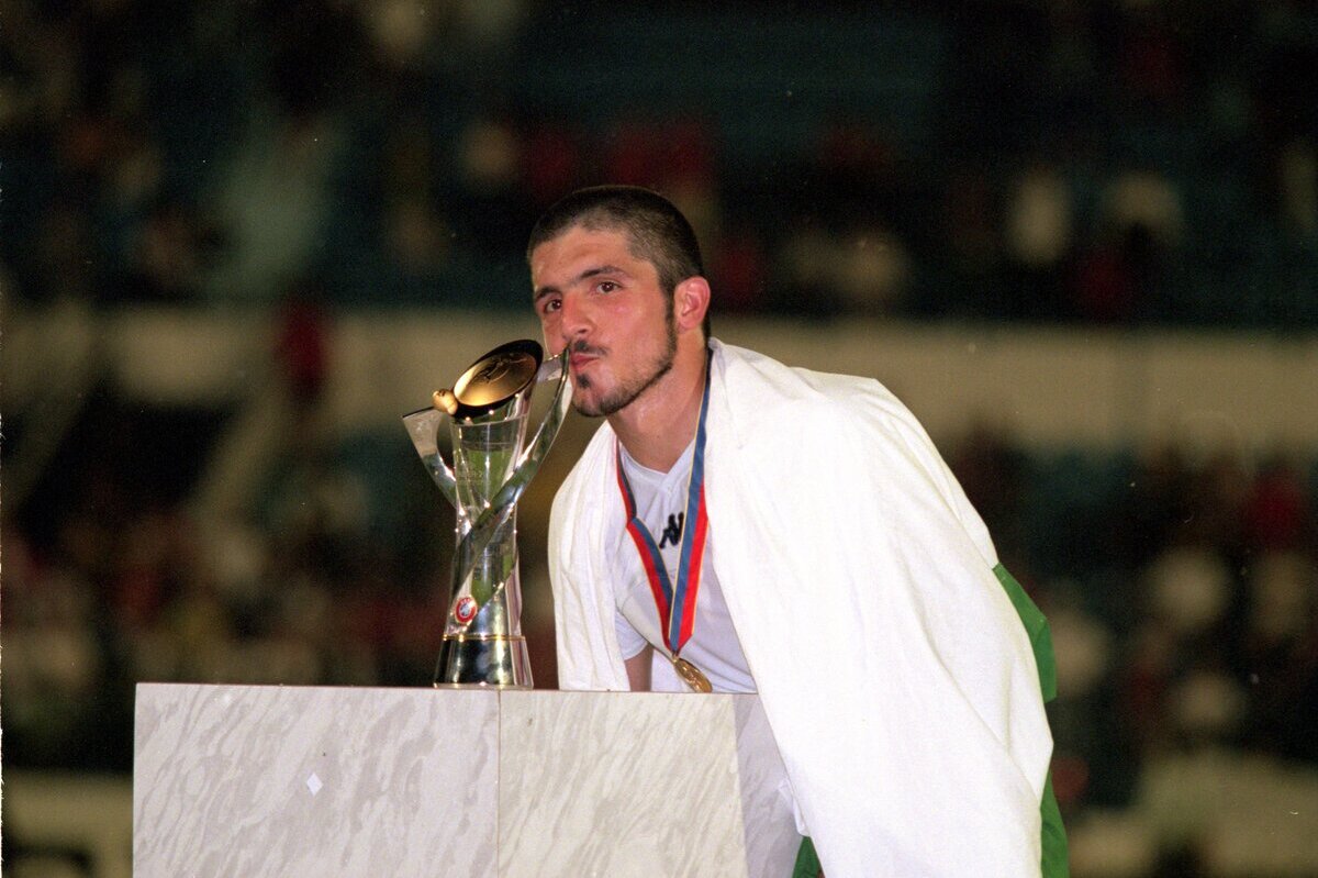 4 Jun 2000:  Reno Gattuso of Italy kisses the trophy after the European Championships Under 21 Final against Czech Republic at the Slovan Stadium, Bratislava, Slovakia. Italy won 2-1.  Mandatory Credit: Phil Cole /Allsport