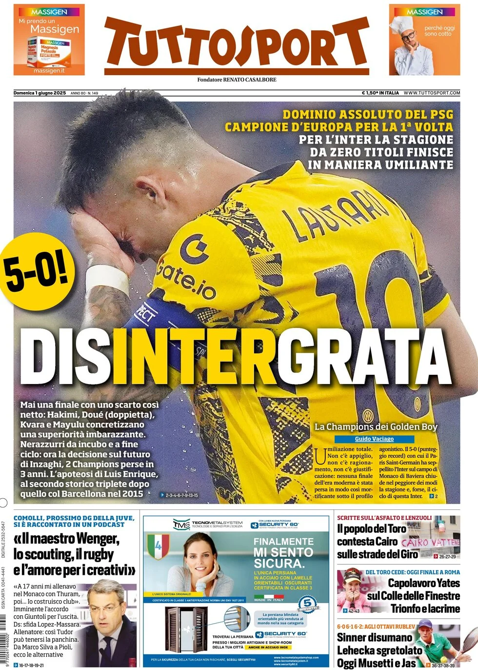 Newspaper image discussing Inter being disintegrated