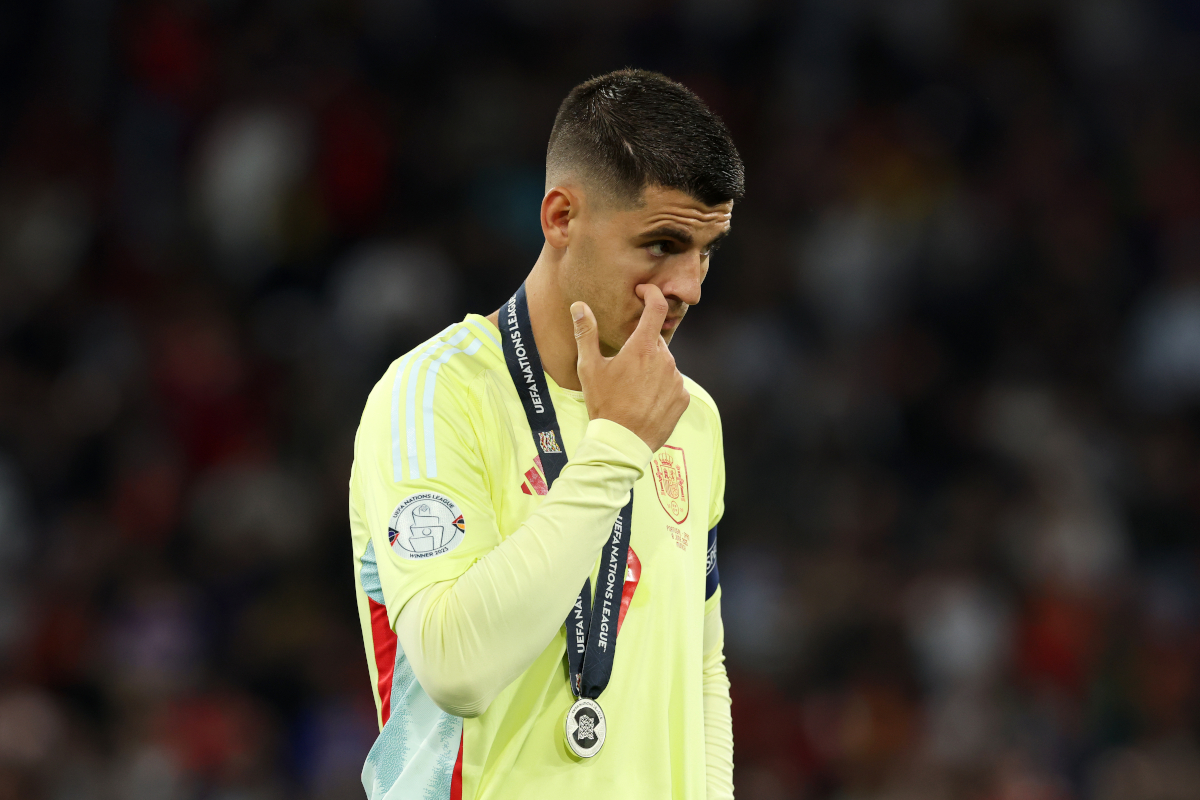 MUNICH, GERMANY - JUNE 08: Alvaro Morata of Spain appears dejected as he collects his runners up medal following defeat in the UEFA Nations League 2025 final match between Portugal and Spain at Munich Football Arena on June 08, 2025 in Munich, Germany. (Photo by Alexander Hassenstein/Getty Images)