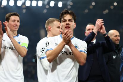 BERGAMO, ITALY - FEBRUARY 18: Ardon Jashari of Club Brugge KV celebrates victory following the UEFA Champions League 2024/25 League Knockout Play-off second leg match between Atalanta BC and Club Brugge KV at Gewiss Stadium on February 18, 2025 in Bergamo, Italy. (Photo by Francesco Scaccianoce/Getty Images)