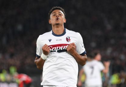 ROME, ITALY - MAY 14: Dan Ndoye of Bologna celebrates scoring his team's first goal during the Coppa Italia Final match between AC Milan and Bologna at Stadio Olimpico on May 14, 2025 in Rome, Italy. (Photo by Marco Rosi/Getty Images) (Napoli links)
