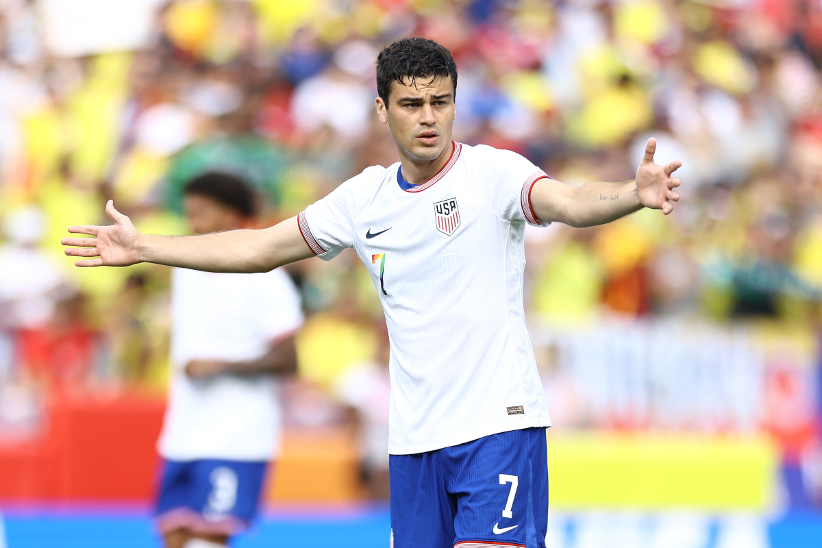 LANDOVER, MARYLAND - JUNE 08: Gio Reyna #7 of United States reacts during the first half against Colombia at Commanders Field on June 08, 2024 in Landover, Maryland. (Photo by Tim Nwachukwu/Getty Images)