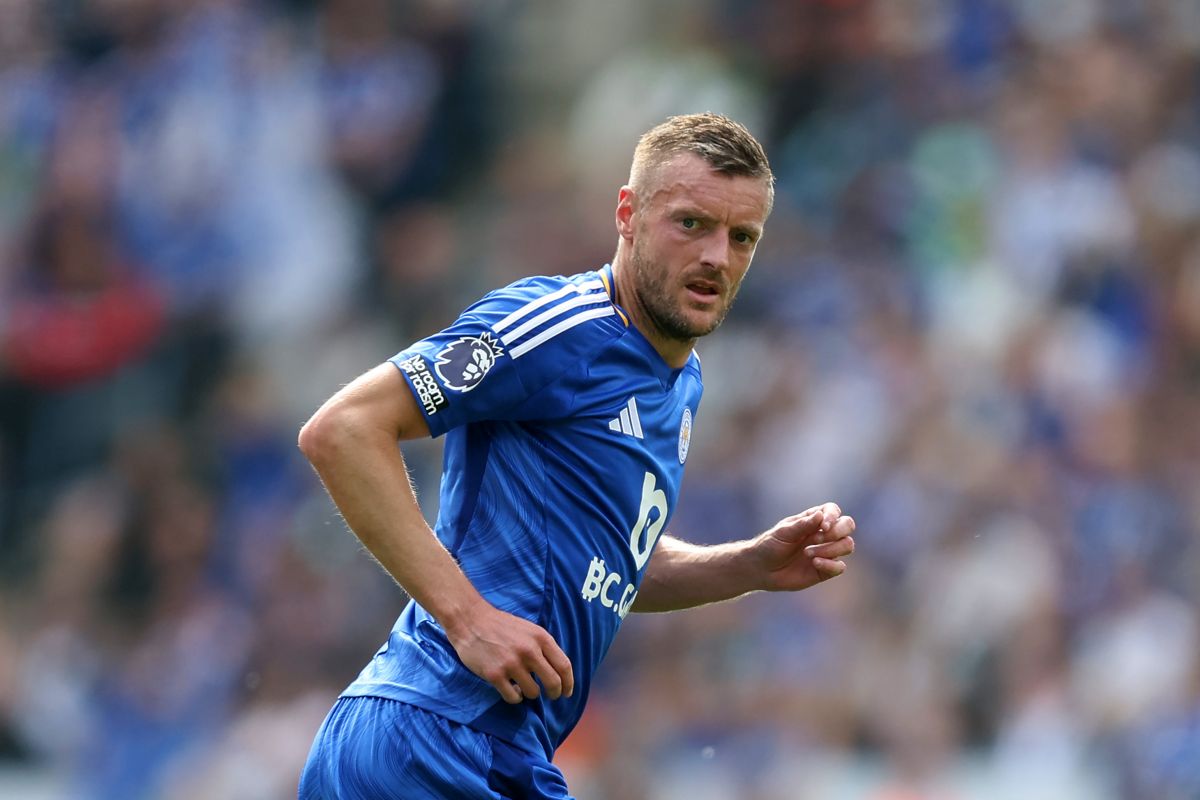 LEICESTER, ENGLAND - MAY 18: Jamie Vardy of Leicester City looks on during the Premier League match between Leicester City FC and Ipswich Town FC at The King Power Stadium on May 18, 2025 in Leicester, England. (Photo by George Wood/Getty Images)