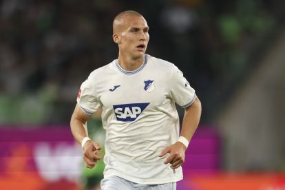 WOLFSBURG, GERMANY - MAY 09: Leo Ostigard of TSG Hoffenheim looks on during the Bundesliga match between VfL Wolfsburg and TSG 1899 Hoffenheim at Volkswagen Arena on May 09, 2025 in Wolfsburg, Germany. (Photo by Maja Hitij/Getty Images)