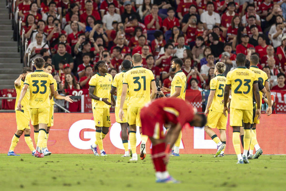 Hong Kong, China - July 26: AC Milan's Rafael Lio (L4, #10) celebrates after scoring a goal with his teammates in a preseason friendly match at Liverpool FC V AC Milan at Kai Tak Stadium in Hong Kong, China on July 26, 2025. (Photo by Yu Chun Christopher Wong/Eurasia Sport Images/Getty Images)