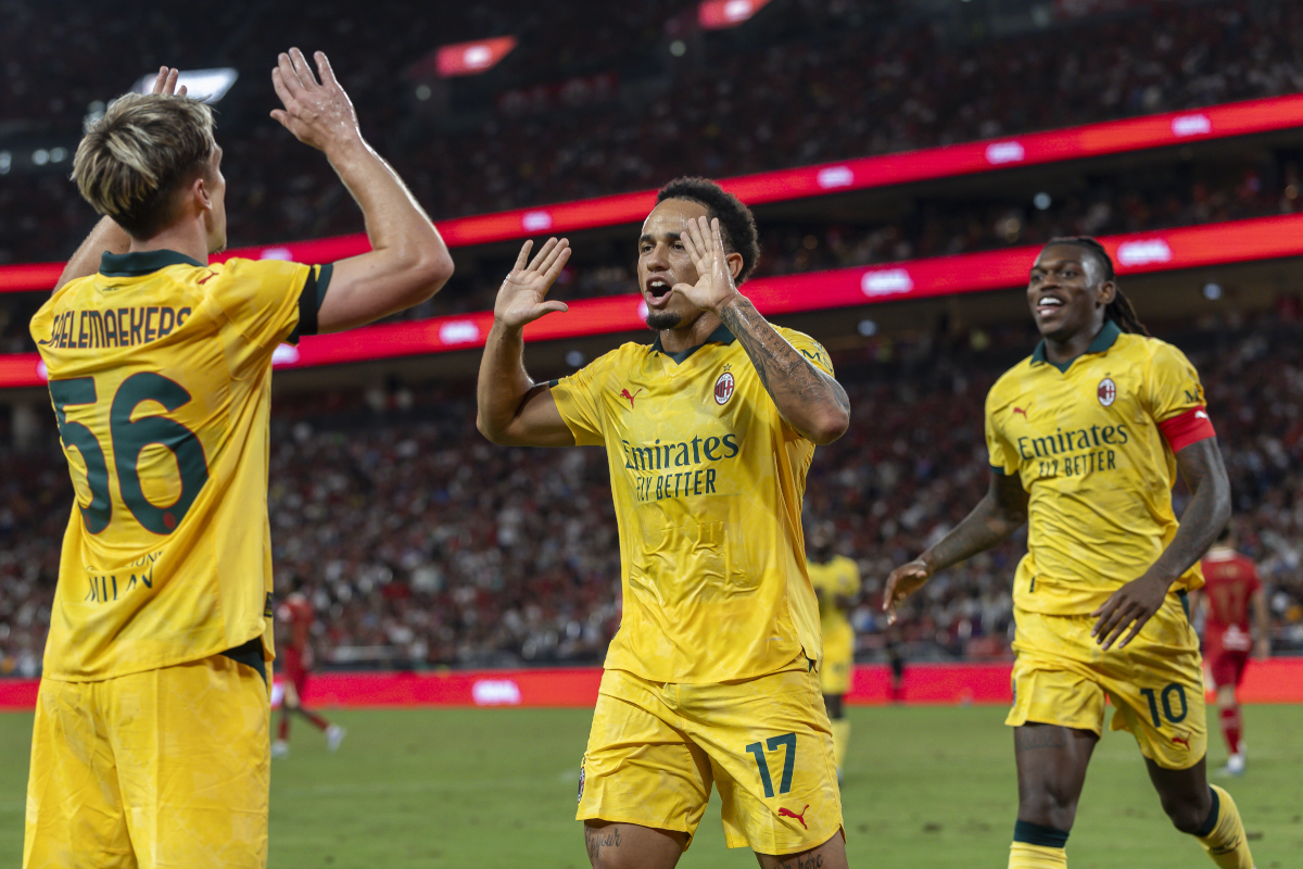 HONG KONG, China - July 26: AC Milan's Noah Okafor (C) scored goals with AC Milan's Alexis Ceremy Cars and AC Milan's Rafael Lio (R) in a preseason friendly match between Liverpool FC V AC Milan in a season-friendly match at Kaitak Stadium on July 26, 2025 in China's China. (Photo by Yu Chun Christopher Wong/Eurasia Sport Images/Getty Images)