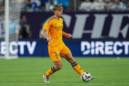 CHARLOTTE, NORTH CAROLINA - AUGUST 06: Rafael Obrador #27 of Real Madrid moves the ball against Chelsea during a pre-season friendly match at Bank of America Stadium on August 06, 2024 in Charlotte, North Carolina. (Photo by Grant Halverson/Getty Images)