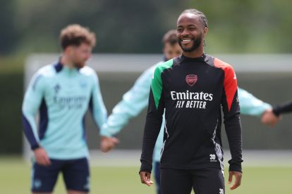 LONDON COLNEY, ENGLAND - MAY 06: Raheem Sterling of Arsenal reacts during a training session and press conference ahead of their UEFA Champions League 2024/25 semi final first/second leg match at Sobha Realty Training Centre on May 06, 2025 in London Colney, England. (Photo by Alex Davidson/Getty Images)