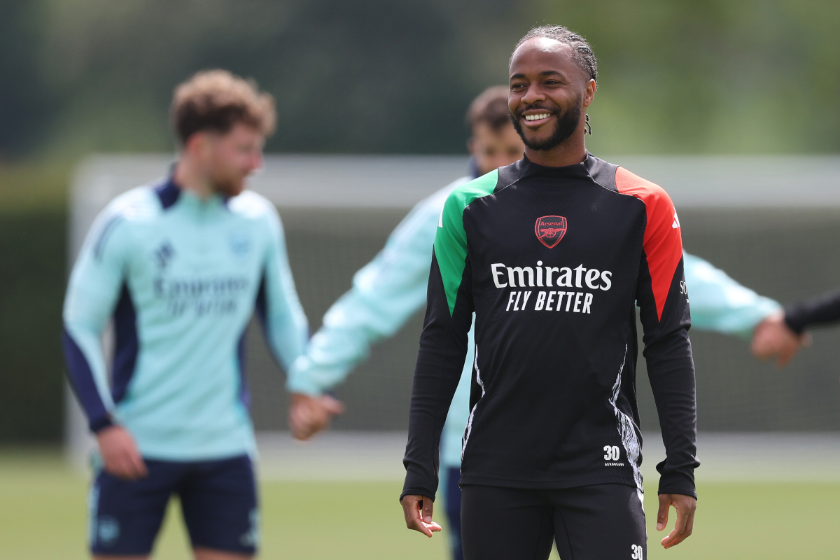LONDON COLNEY, ENGLAND - MAY 06: Raheem Sterling of Arsenal reacts during a training session and press conference ahead of their UEFA Champions League 2024/25 semi final first/second leg match at Sobha Realty Training Centre on May 06, 2025 in London Colney, England. (Photo by Alex Davidson/Getty Images)