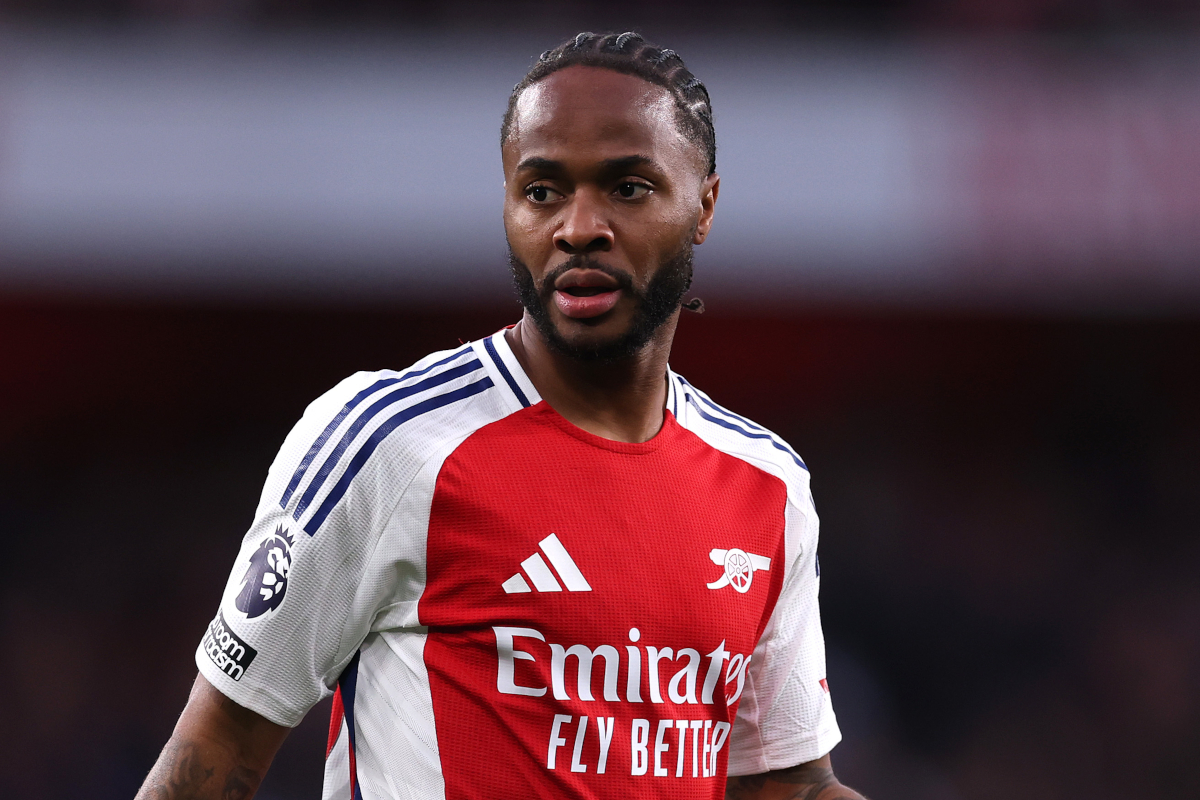 LONDON, ENGLAND - APRIL 23: Raheem Sterling of Arsenal reacts during the Premier League match between Arsenal FC and Crystal Palace FC at Emirates Stadium on April 23, 2025 in London, England. (Photo by Ryan Pierse/Getty Images)