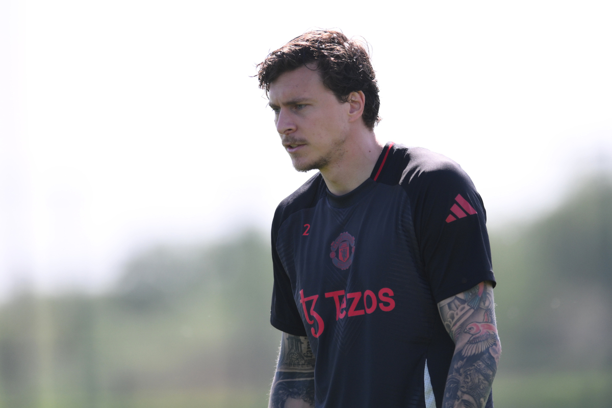 MANCHESTER, ENGLAND - APRIL 30: Victor Lindelof of Manchester United during a training session and press conference ahead of their UEFA Europe League 2024/25 semi final first leg match, at Carrington Training Ground on April 30, 2025 in Manchester, England. (Photo by Ben Roberts Photo/Getty Images)