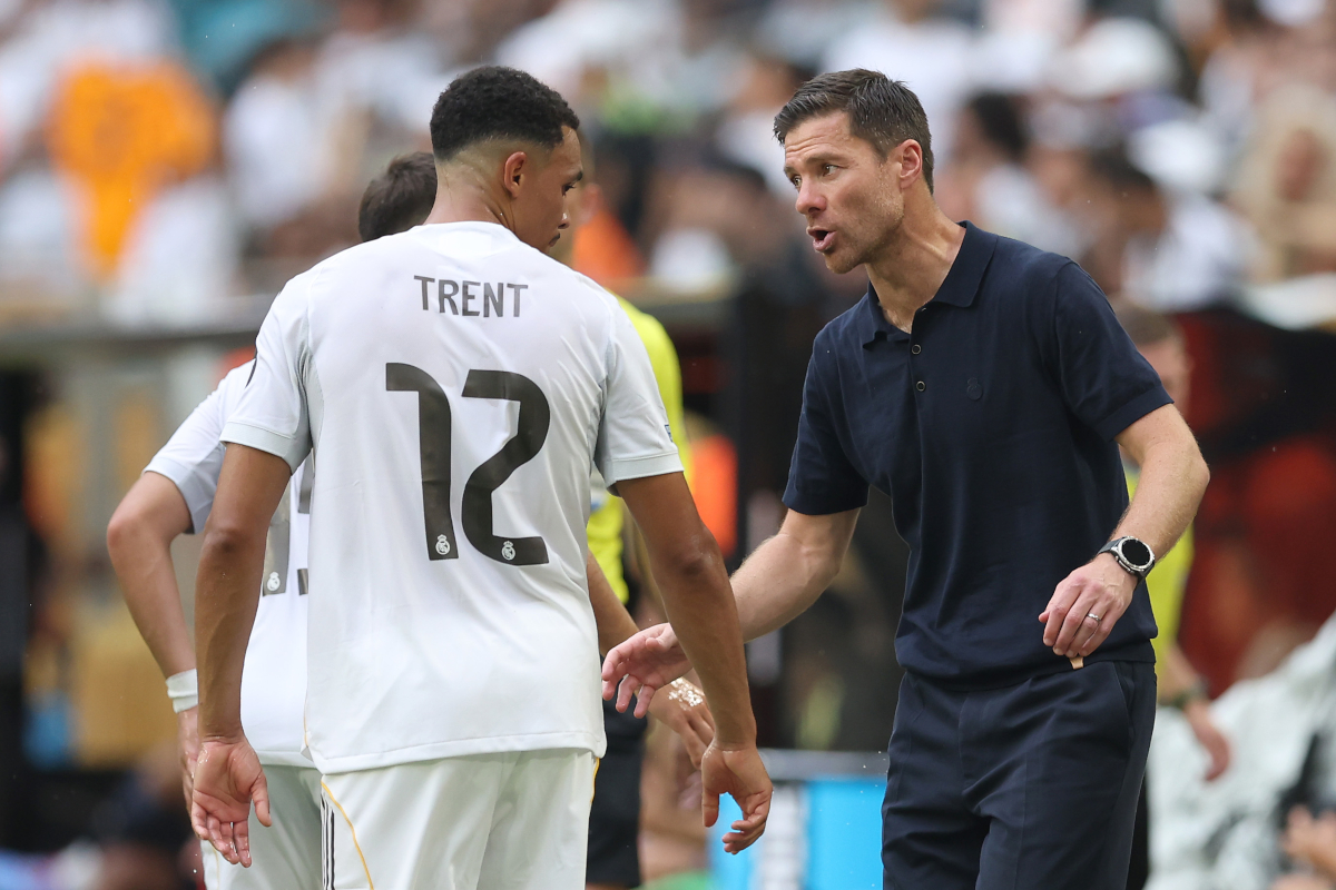 Where to buy Liverpool-Real Madrid tickets MIAMI GARDENS, FLORIDA - JULY 01: Xabi Alonso, Head Coach of Real Madrid C.F., speaks with Trent Alexander-Arnold #12 of Real Madrid C.F. during the FIFA Club World Cup 2025 round of 16 match between Real Madrid CF and Juventus FC at Hard Rock Stadium on July 01, 2025 in Miami Gardens, Florida. (Photo by Megan Briggs/Getty Images)