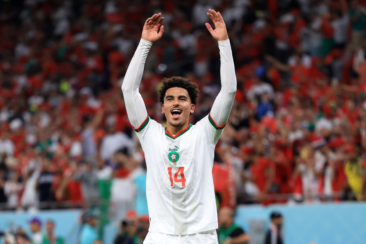 DOHA, QATAR - NOVEMBER 27: Zakaria Aboukhlal of Morocco celebrates following their sides victory after aption here>> during the FIFA World Cup Qatar 2022 Group F match between Belgium and Morocco at Al Thumama Stadium on November 27, 2022 in Doha, Qatar. (Photo by Buda Mendes/Getty Images)