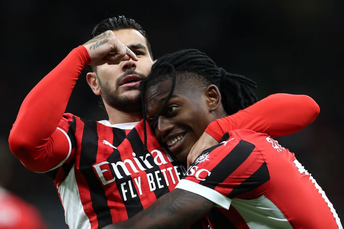 MILANO, Italy - September 14: AC Milan's Theo Hernandez celebrates with teammate Rafael Leo after scoring the opening goal during the Serie A match between AC Milan and Venice at Studio Giuseppe Meassa on September 14, 2024 in Milan, Italy. (Photo: Marco Luzzani/Getty Images)