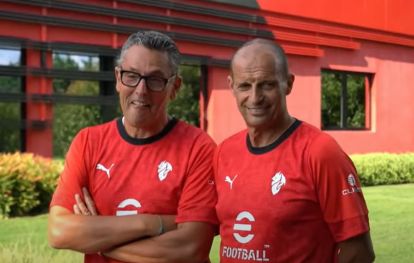 Massimiliano Allegri and his assistant Marco Landucci on the first day of Milan 2025-26 pre-season. (via AC Milan YouTube)