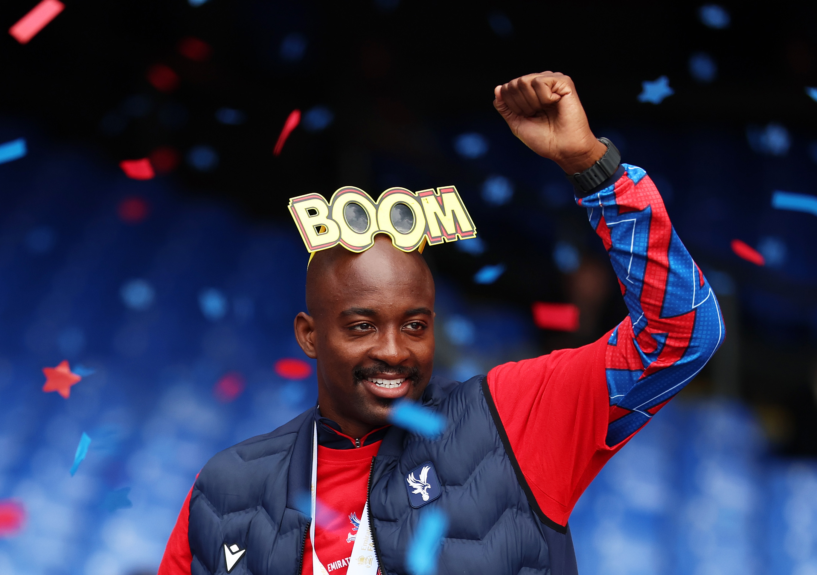LONDON, ENGLAND - MAY 26: Jean-Philippe Mateta of Crystal Palace reacts as he receives the Goal of the Season award following the FA Cup trophy parade on May 26, 2025 in London, England. Crystal Palace defeated Manchester City in the FA Cup Final in London on May 17. (Photo by Tom Dulat/Getty Images)