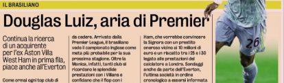 Douglas Luiz updates from La Gazzetta dello Sport. Wednesday, July 16, 2025, page seven.