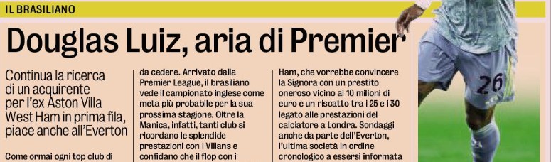 Cobertura do La Gazzetta dello Sport sobre Douglas Luiz.