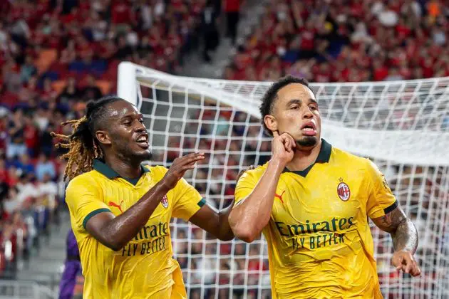 HONG KONG, CHINA - JULY 26: Noah Okafor of AC Milan (R) celebrates after scoring his goal with Warren Pierre Bondo of AC Milan (L) during the Liverpool FC v AC Milan Pre-Season Friendly match at Kai Tak Stadium on July 26, 2025 in Hong Kong, China. (Photo by Yu Chun Christopher Wong/Eurasia Sport Images/Getty Images)