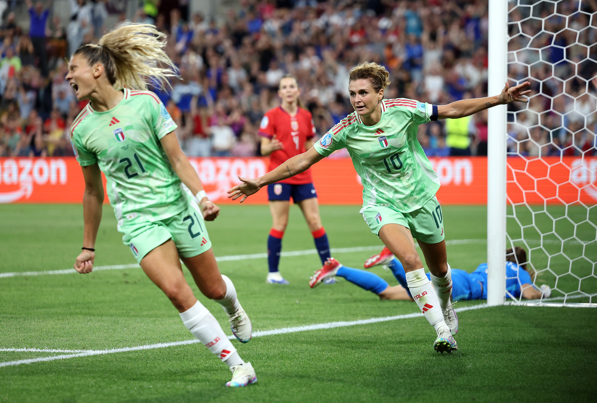 GENEVA, SWITZERLAND - JULY 16: Women's Ballon d'Or nominee Cristiana Girelli of Italy celebrates scoring her team's second goal during the UEFA Women's EURO 2025 Quarter-Final match between Norway and Italy at Stade de Geneve on July 16, 2025 in Geneva, Switzerland. (Photo by Charlotte Wilson/Getty Images)