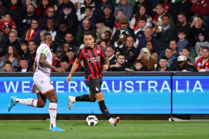 PERTH, AUSTRALIA - JULY 31: Noah Okafor of AC Milan in action during the match between Perth Glory and AC Milan at HBF Park on July 31, 2025 in Perth, Australia. (Photo by Paul Kane/Getty Images)