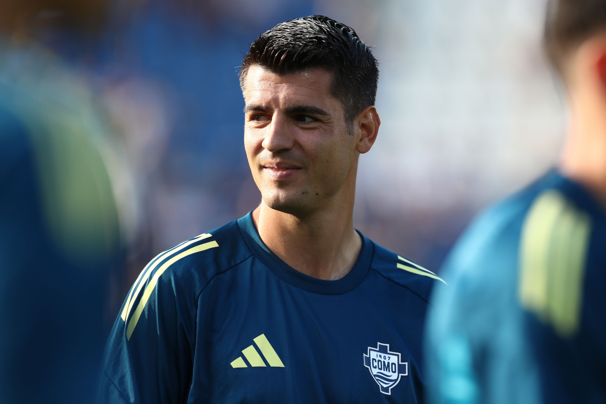 COMO, ITALY - AUGUST 16: Alvaro Morata of Como 1907 looks on before the Coppa Italia match between Como 1907 and FC Sudtirol at Stadio G. Sinigaglia on August 16, 2025 in Como, Italy. (Photo by Marco Luzzani/Getty Images)