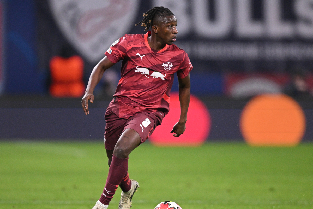 LEIPZIG, GERMANY - JANUARY 22: Amadou Haidara of Leipzig in action during the UEFA Champions League 2024/25 League Phase MD7 match between RB Leipzig and Sporting Clube de Portugal at Leipzig Stadium on January 22, 2025 in Leipzig, Germany. (Photo by Stuart Franklin/Getty Images)