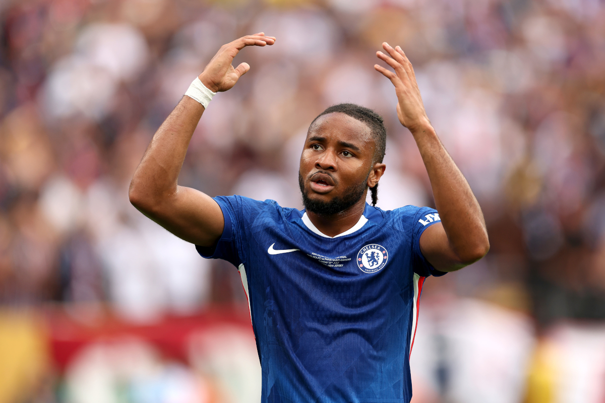 EAST RUTHERFORD, NEW JERSEY - JULY 13: Christopher Nkunku #18 of Chelsea FC celebrates following the FIFA Club World Cup 2025 Final match between Chelsea FC and Paris Saint-Germain at MetLife Stadium on July 13, 2025 in East Rutherford, New Jersey. (Photo by Luke Hales/Getty Images)