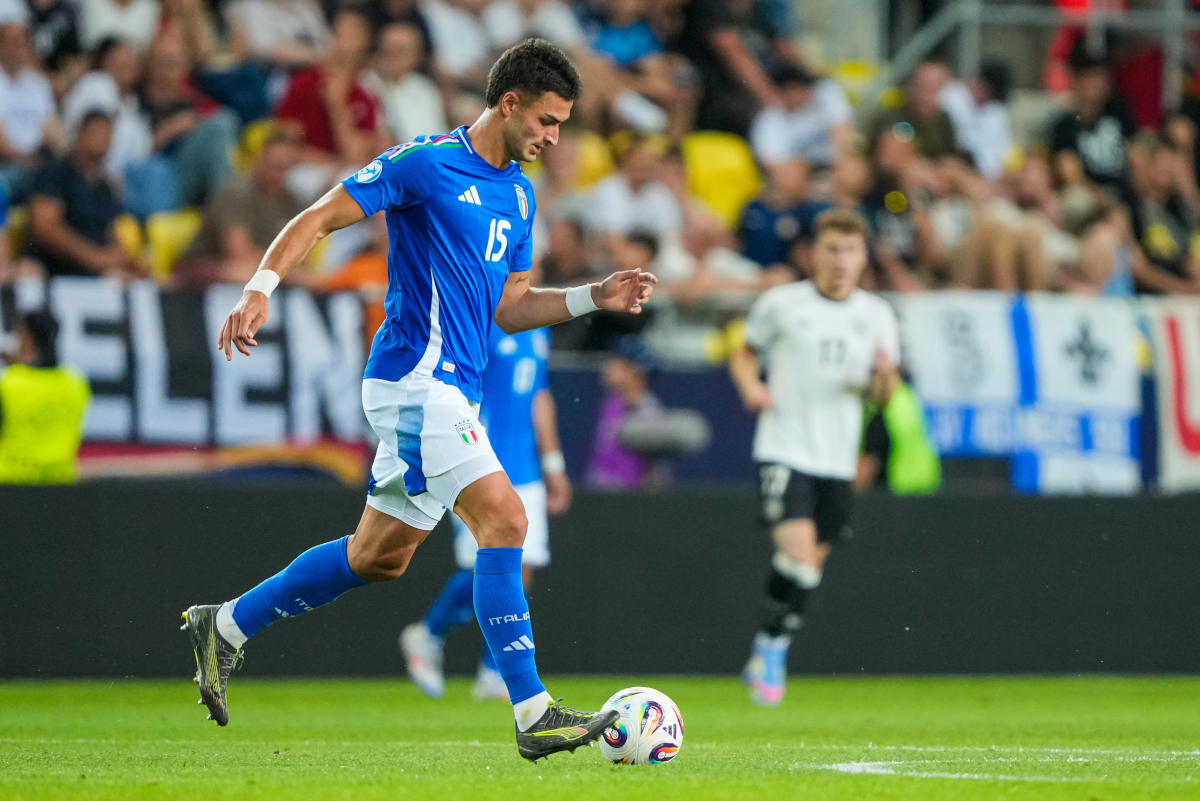 DUNAJSKA STREDA, SLOVAKIA - JUNE 22: Diego Coppola of U21 Italy runs with the ball during the UEFA European Under-21 Championship 2025 Quarter-Final match between Germany and Italy at DAC Arena on June 22, 2025 in Dunajska Streda, Slovakia. (Photo by Christian Hofer/Getty Images)