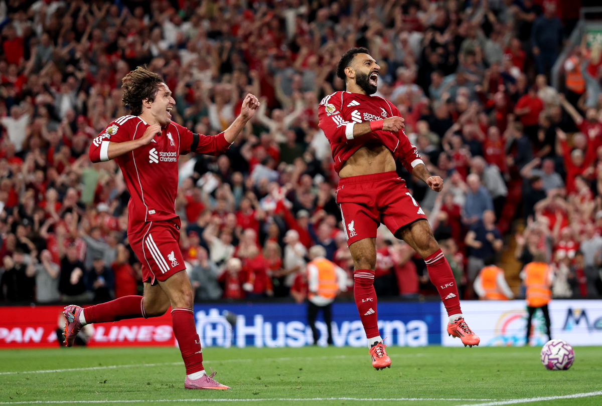 Liverpool, England - August 15: Liverpool's Mohamed Sara scored the team's fourth goal in a Premier League match between Liverpool and Bournemouth on August 15, 2025 in Liverpool, England. (Photo by Michael Steele/Getty Images)