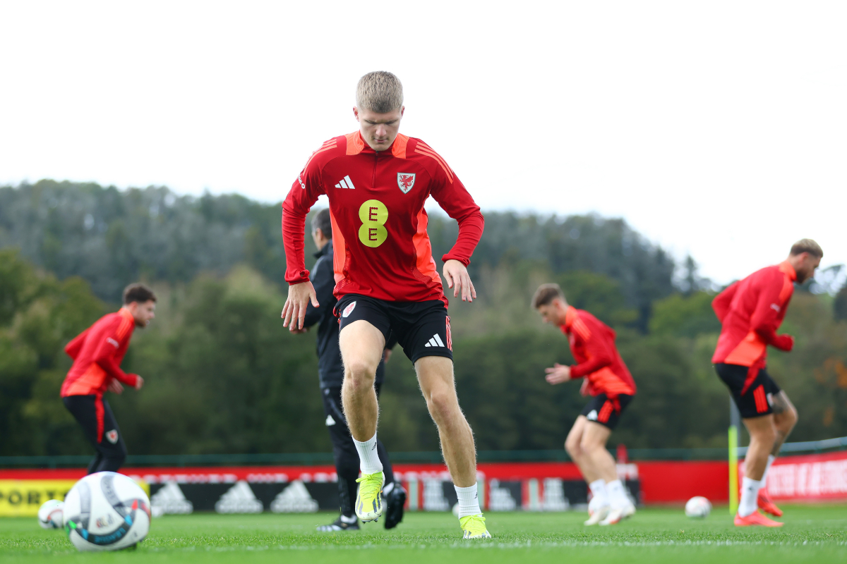 VALE OF GLAMORGAN, WALES - OCTOBER 09: Jordan James of Wales takes part in a Wales training session ahead of their Nations League matches against Iceland and Montenegro at The Vale Resort on October 09, 2024 in Vale of Glamorgan, Wales. (Photo by Dan Istitene/Getty Images)