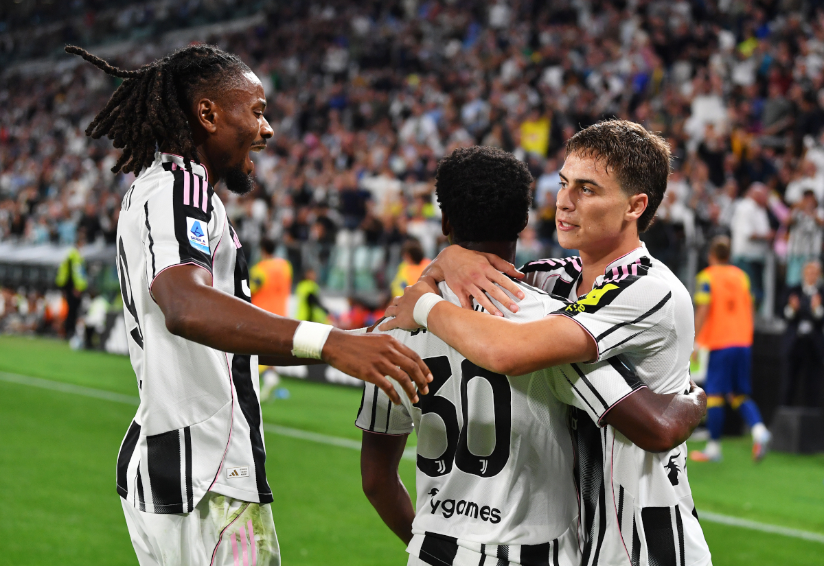 TURIN, ITALY - AUGUST 24: Jonathan David of Juventus celebrates scoring his team's first goal with teammates Kenan Yildiz and Khephren Thuram during the Serie A match between Juventus FC and Parma Calcio 1913 at on August 24, 2025 in Turin, Italy. (Photo by Valerio Pennicino/Getty Images)