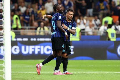 MILAN, ITALY - AUGUST 25: Lautaro Martinez of Internazionale celebrates with teammate Marcus Thuram after scoring his team's third goal during the Serie A match between FC Internazionale and Torino FC at Giuseppe Meazza Stadium on August 25, 2025 in Milan, Italy. (Photo by Marco Luzzani/Getty Images)