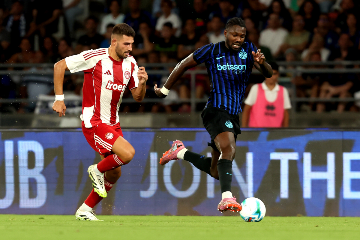 BARI, ITALY - AUGUST 16: Marcus Thuram of Inter during Pre-Season Friendly match between FC Internazionale and Olympiacos FC at Stadio San Nicola on August 16, 2025 in Bari, Italy. (Photo by Maurizio Lagana/Getty Images)