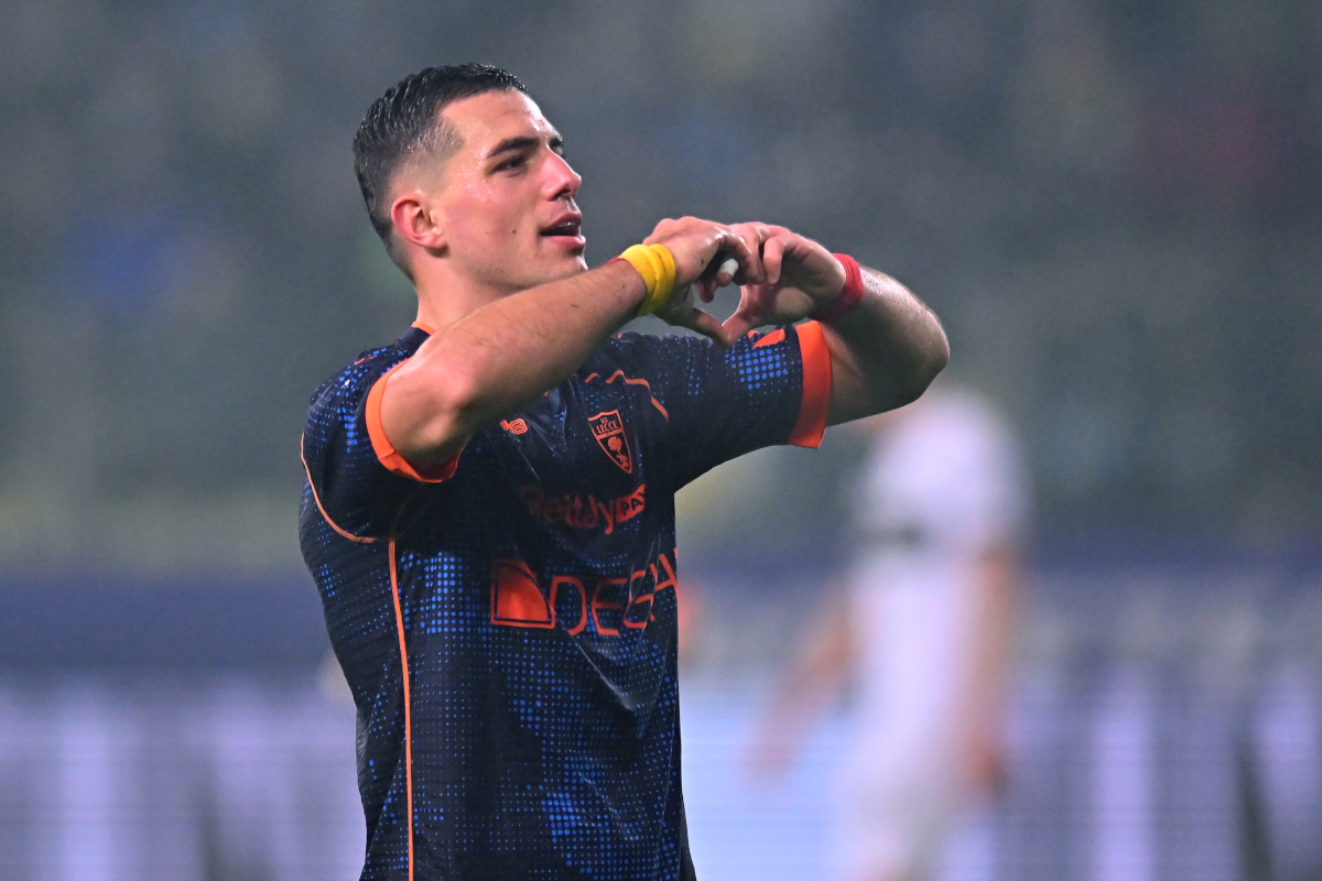 PARMA, ITALY - JANUARY 31: Nikola Krstovic of US Lecce celebrates the team's first goal during the Serie A match between Parma and Lecce at Stadio Ennio Tardini on January 31, 2025 in Parma, Italy. (Photo by Alessandro Sabattini/Getty Images)