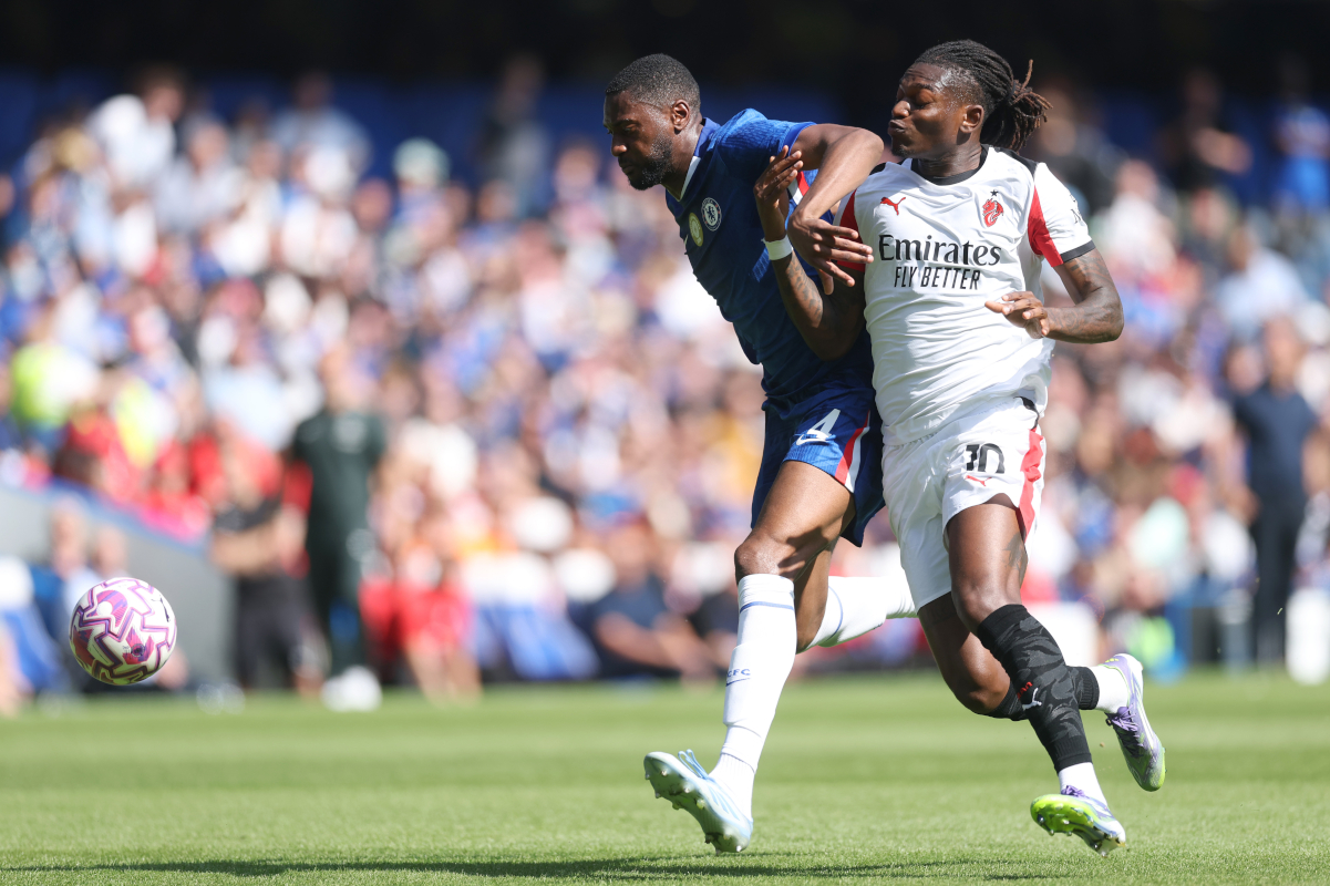 LONDON, UK - August 10: Chelsea's Toshin Adalabioyo is under pressure on AC Milan's Rafael Leo in a friendly pre-season match between Chelsea and Ac Milan at Stamford Bridge, UK on August 10, 2025. (Photo by Richard Pelham/Getty Images)
