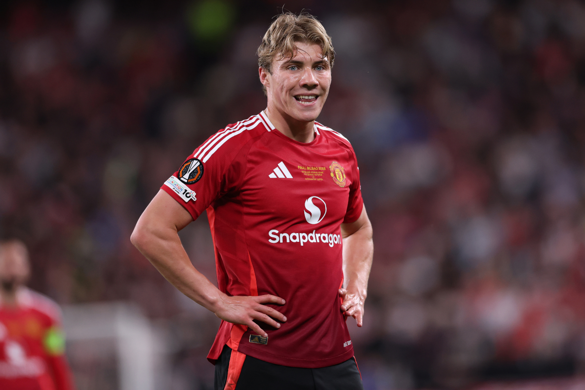 BILBAO, SPAIN - MAY 21: Rasmus Hojlund of Manchester United during the UEFA Europa League Final 2025 between Tottenham Hotspur and Manchester United at on May 21, 2025 in Bilbao, Spain. (Photo by Michael Steele/Getty Images)