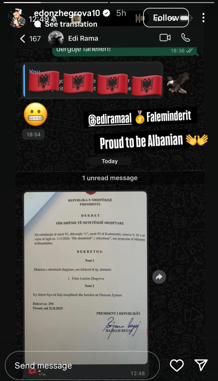 Edon Zhegrova confirms that he has acuired Albanian citizenship.