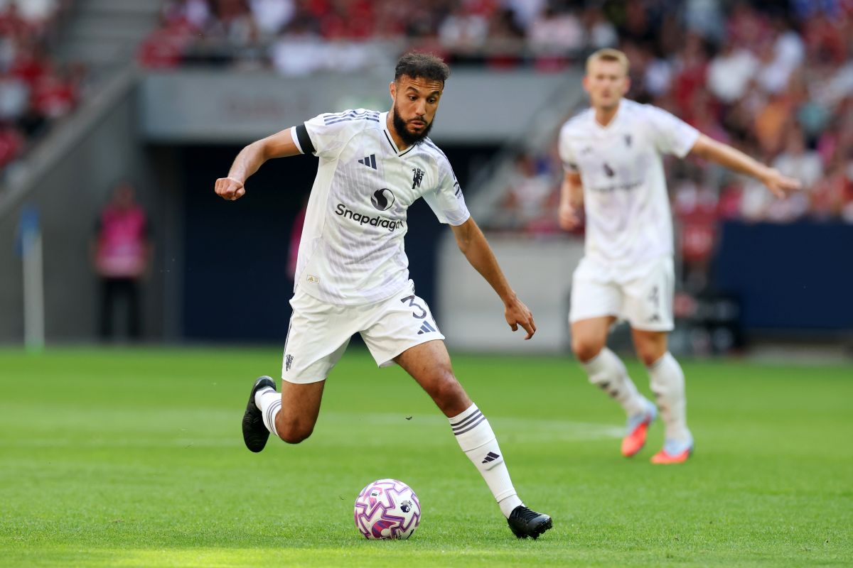 SOLNA, SWEDEN - JULY 19: Noussair Mazraoui of Manchester United controls the ball during the pre-season friendly match between Manchester United and Leeds United at Strawberry Arena on July 19, 2025 in Solna, Sweden. (Photo by Linnea Rheborg/Getty Images)