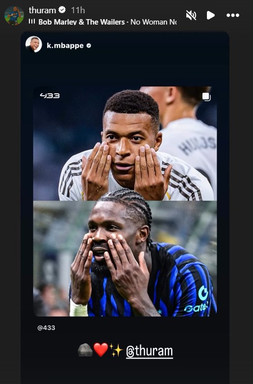 Kylian Mbappé shares Marcus Thuram's celebration on Instagram on August 26, 2025.