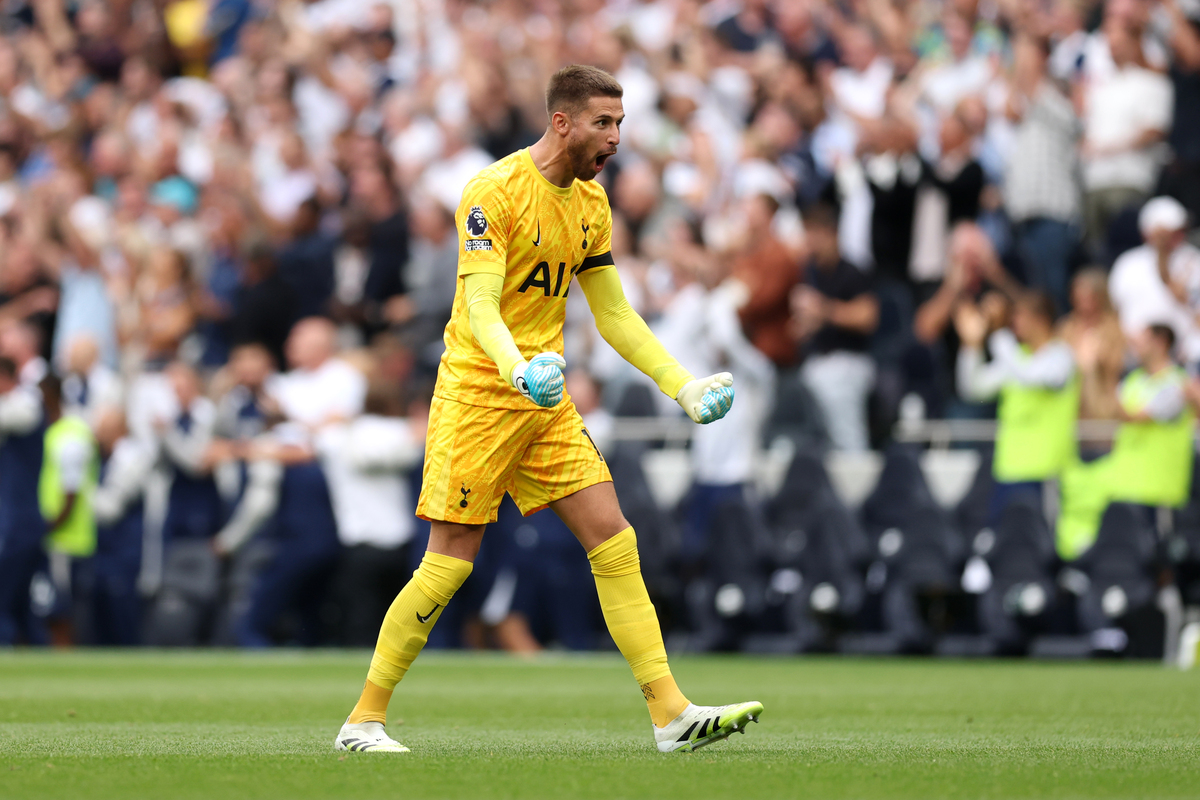 LONDON, UK - August 16: Tottenham Hotspur's Guglielmo Viario celebrates the team's second goal during a Premier League match between Tottenham Hotspur and Burnley at Tottenham Hotspur Stadium on August 16, 2025 in London, England. (Photo: Julian Finney/Getty Images)