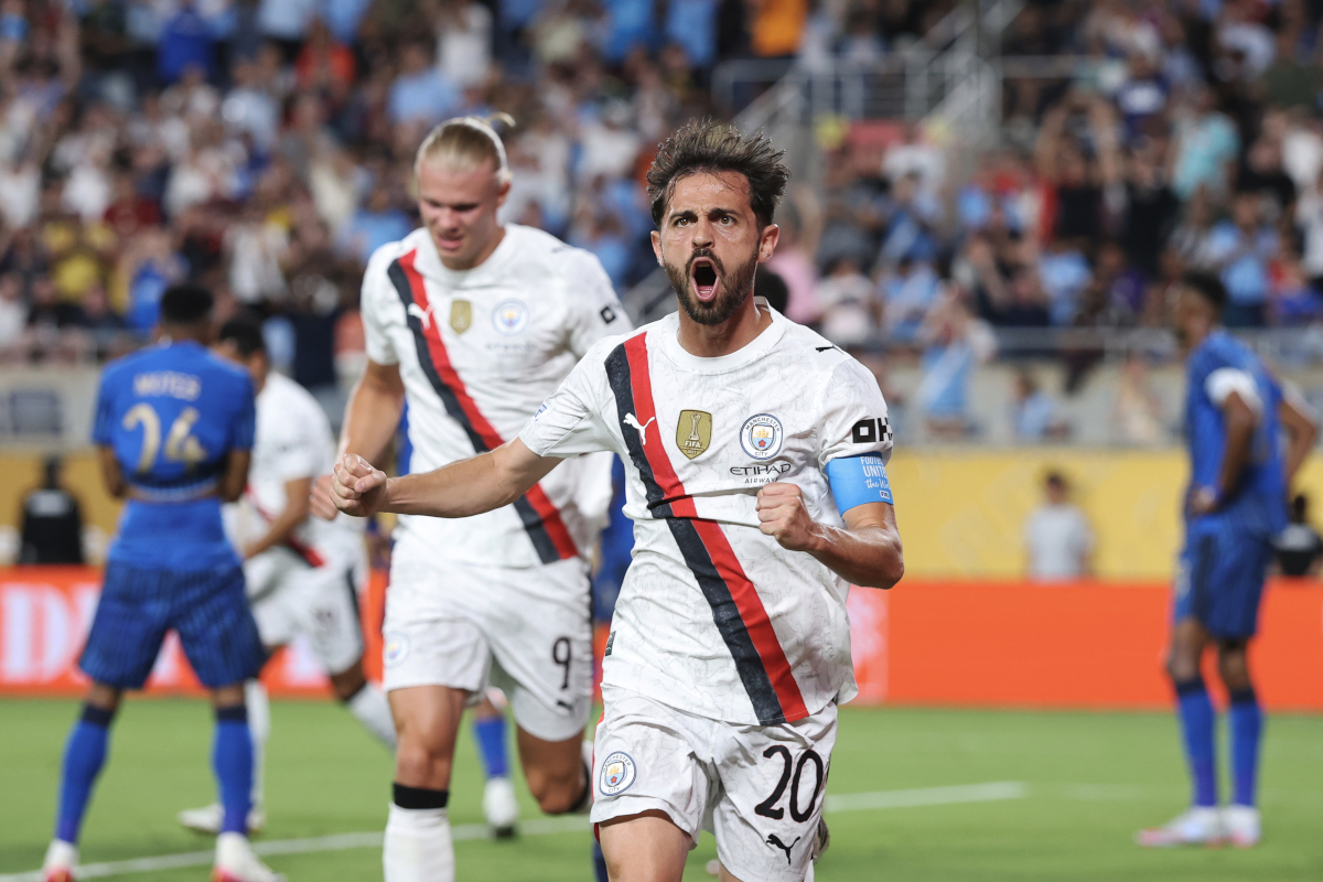 ORLANDO, FLORIDA - JUNE 30: Bernardo Silva #20 of Manchester City celebrates scoring his team's first goal during the FIFA Club World Cup 2025 round of 16 match between Manchester City and Al-Hilal at Camping World Stadium on June 30, 2025 in Orlando, Florida. (Photo by Francois Nel/Getty Images)